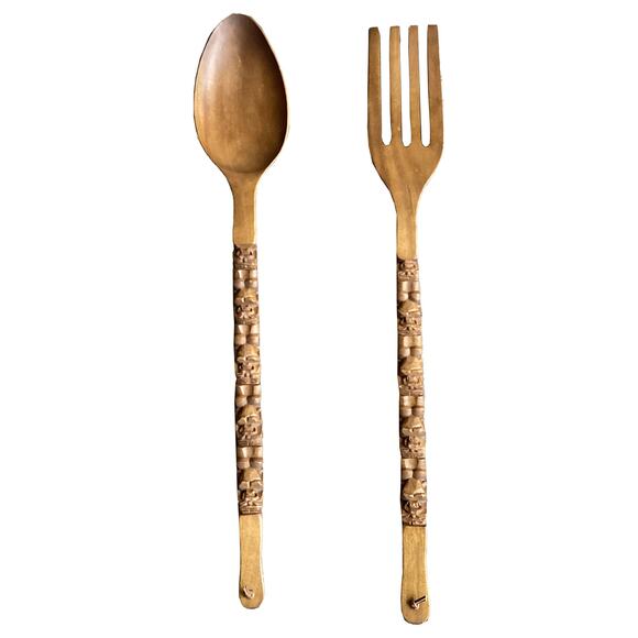 Vintage Large 41" Fork Spoon Set Wood Carved Tiki/Totem Handle 1970s Wall Decor